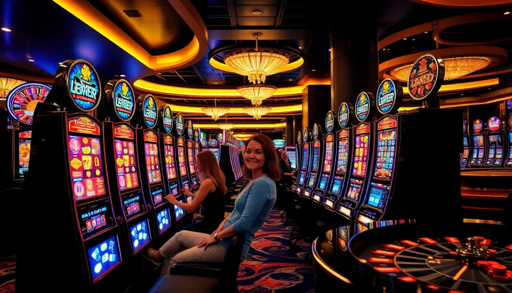 Players spinning slot machines in an exciting casino environment with vibrant colors.