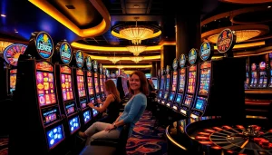 Players spinning slot machines in an exciting casino environment with vibrant colors.