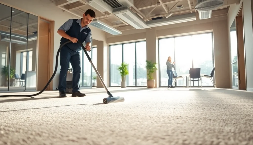 Implementing commercial carpet cleaning for a pristine workplace environment, showcasing effective techniques.