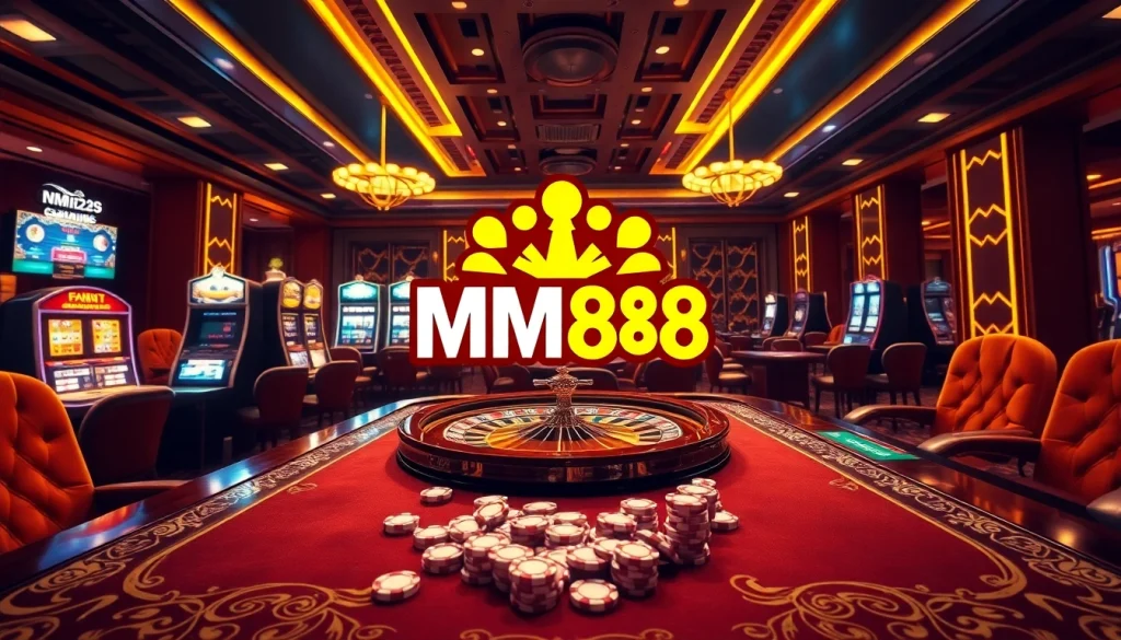 Experience the excitement of gambling at MM88 with a vibrant casino scene filled with roulette and slot machines.