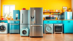 Vibrant kitchen with modern home appliances arranged stylishly, showcasing functionality and design.