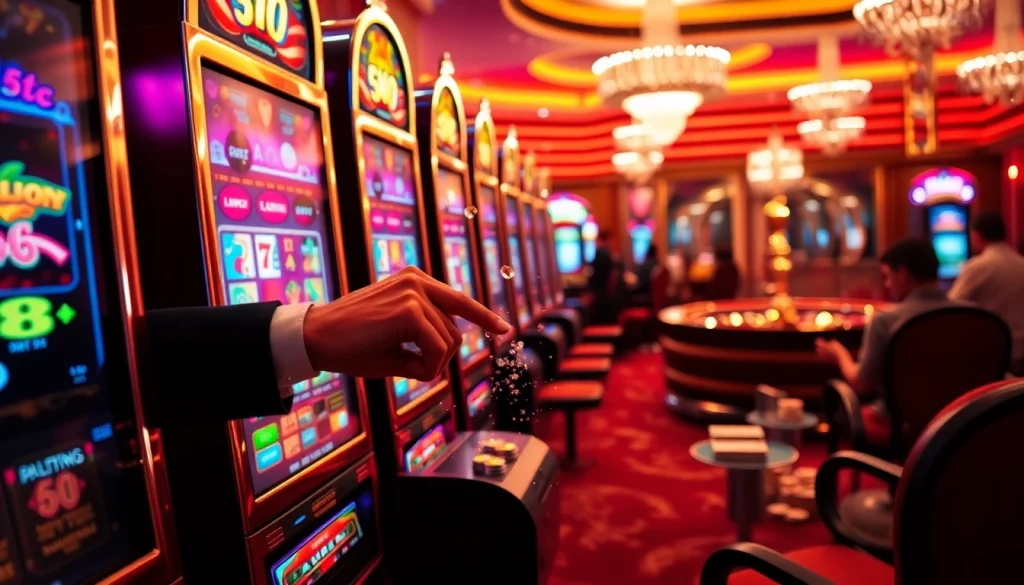 Rasakan sensasi menang dengan slot bonus 100 di kasino elegan yang dipenuhi mesin slot berwarna-warni.