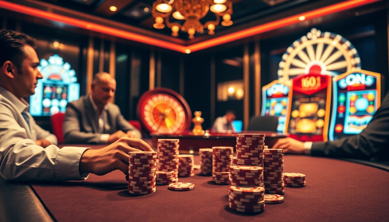 Joueurs dans un casino en ligne fiable profitant du poker et de la roulette dans un cadre vibrant et luxueux.