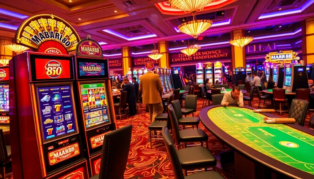 Mesin slot MABAR88 dalam adegan kasino yang hidup menampilkan kegembiraan dan kemewahan.