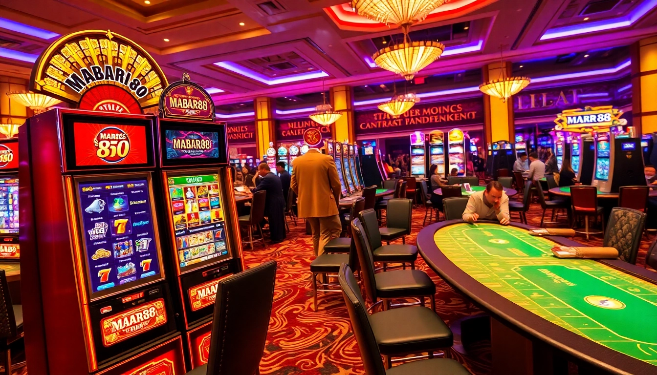 Mesin slot MABAR88 dalam adegan kasino yang hidup menampilkan kegembiraan dan kemewahan.