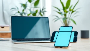 Interakcja z iOS na nowoczesnym biurku z laptopem i telefonem.