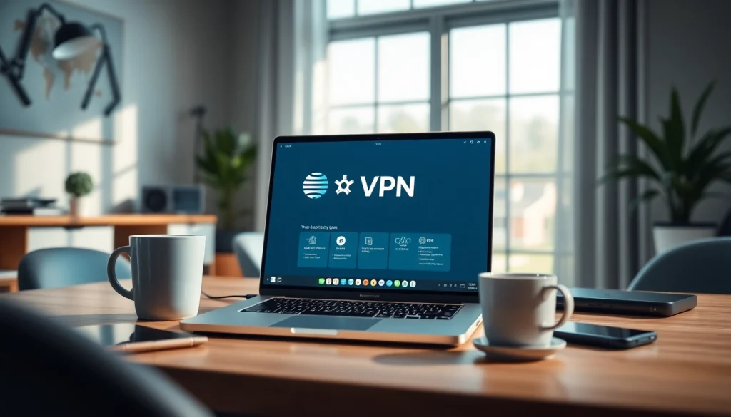 现代笔记本电脑上的快连VPN界面，呈现在高效工作区。