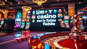 Des joueurs enthousiastes s'engagent dans un casino en ligne fiable, avec des tables de jeu vibrantes et des interfaces numériques.