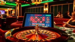 Vivez le frisson d'un casino en ligne fiable avec une atmosphère de casino de luxe, mettant en vedette des jetons de poker et une roue de roulette.