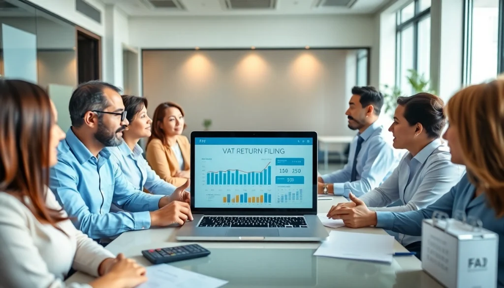 Business team collaborating on VAT Return Filing in UAE with charts and e-portal.