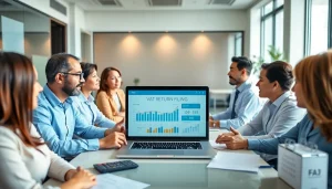 Business team collaborating on VAT Return Filing in UAE with charts and e-portal.