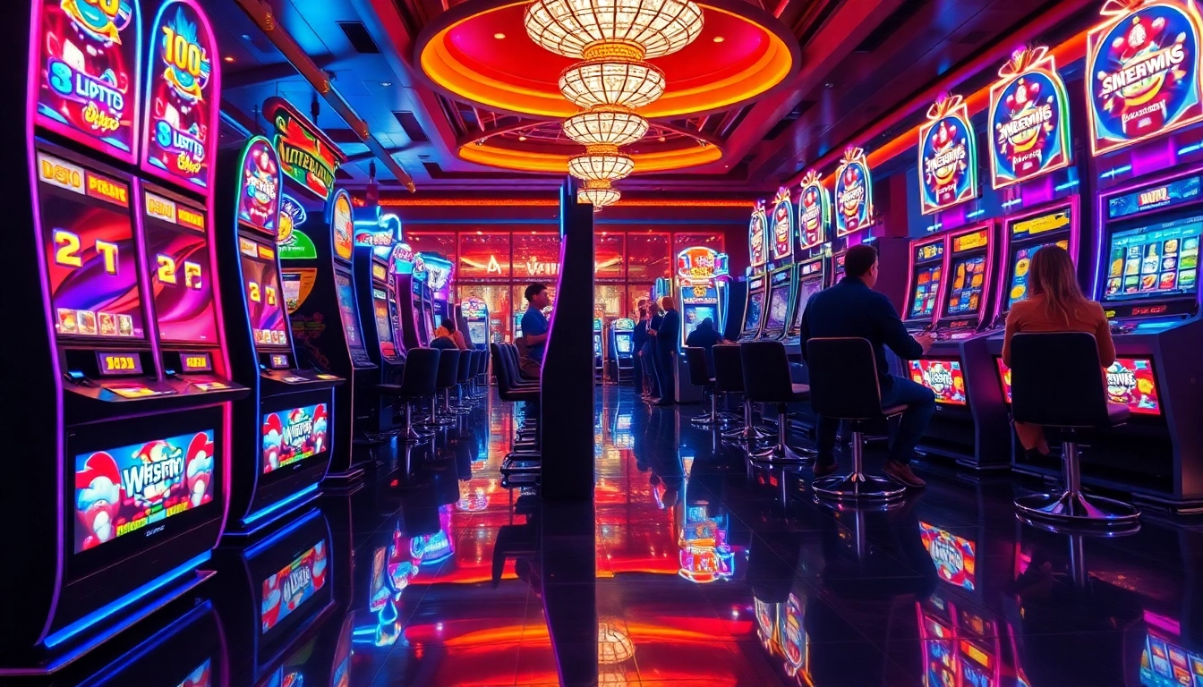 Slot interwin machines attract players with vibrant colors and excitement in a bustling casino.