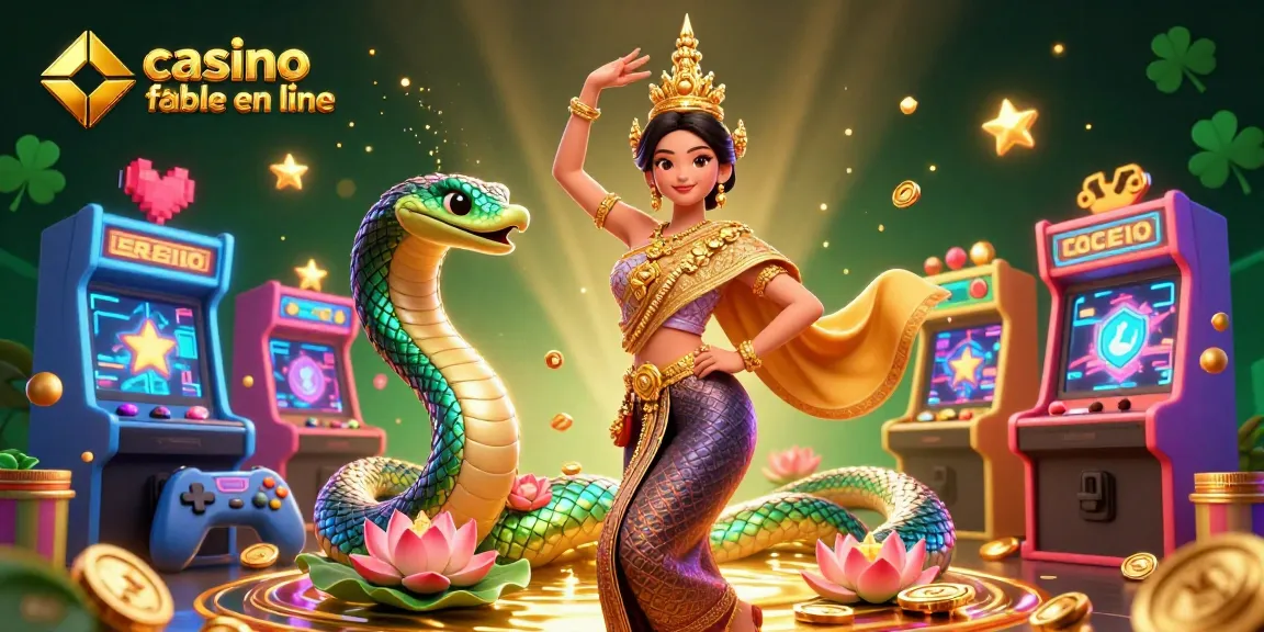 Découvrez un casino fiable en ligne avec une illustration 3D dynamique mettant en scène une femme thaïlandaise, un serpent Naga et des éléments de jeu dynamiques.