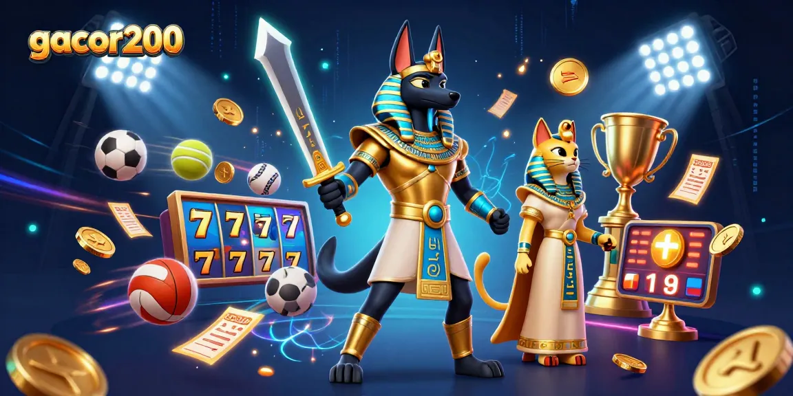 Experience thrilling gaming with gacor200's vibrant illustration of ancient warriors and casino elements.