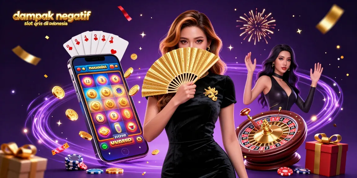 dampak negatif slot qris di indonesia illustrated as a vibrant scene with dynamic slot reels and golden coins.