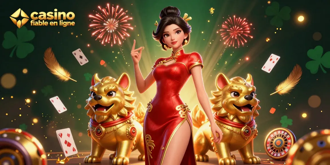 Participez à des jeux exaltants au casino fiable en ligne, avec des visuels 3D vibrants d'une scène de casino sur le thème asiatique.