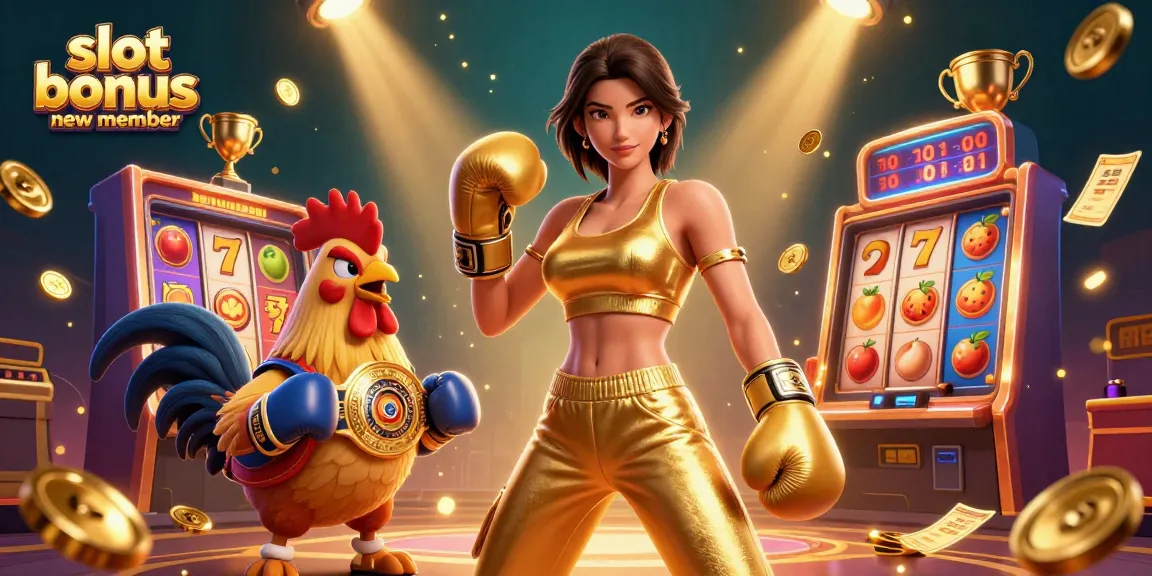 Experience the thrill of winning with our slot bonus new member offer, featuring vibrant 3D illustration of a champion duo.