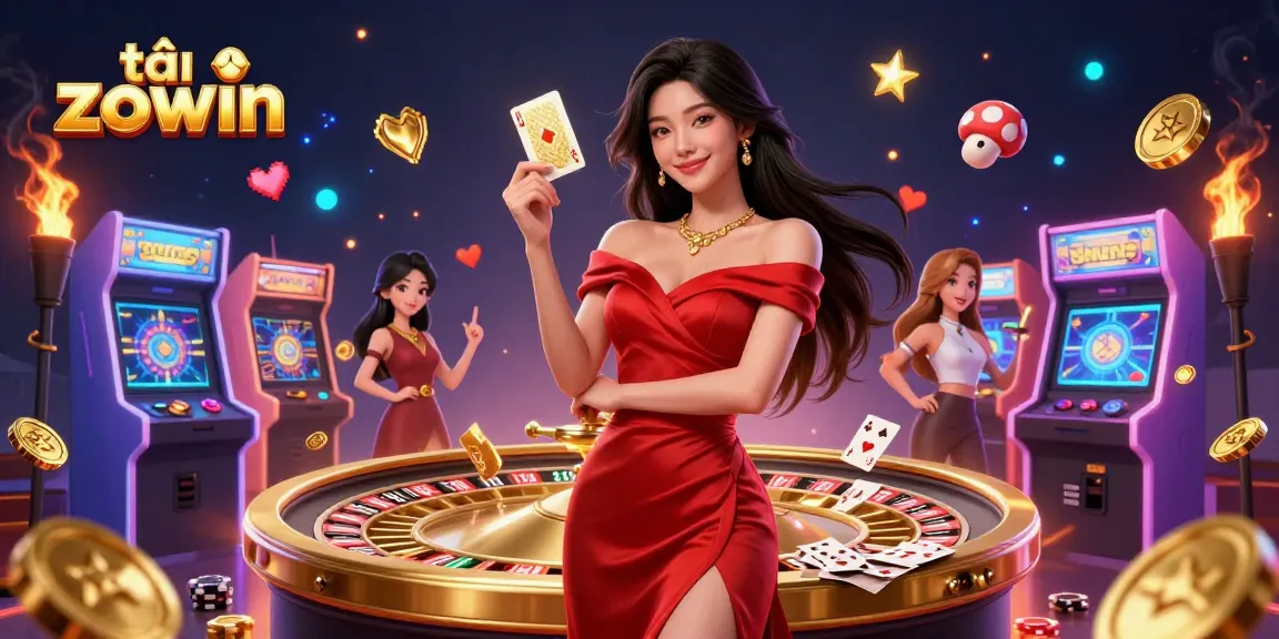 Engage in thrilling gameplay by tải zowin, showcasing a beautiful young Asian woman and casino elements.