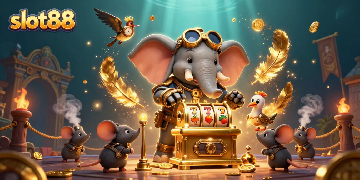 Experience slot88 excitement with a steampunk elephant winning at a dynamic golden slot machine.