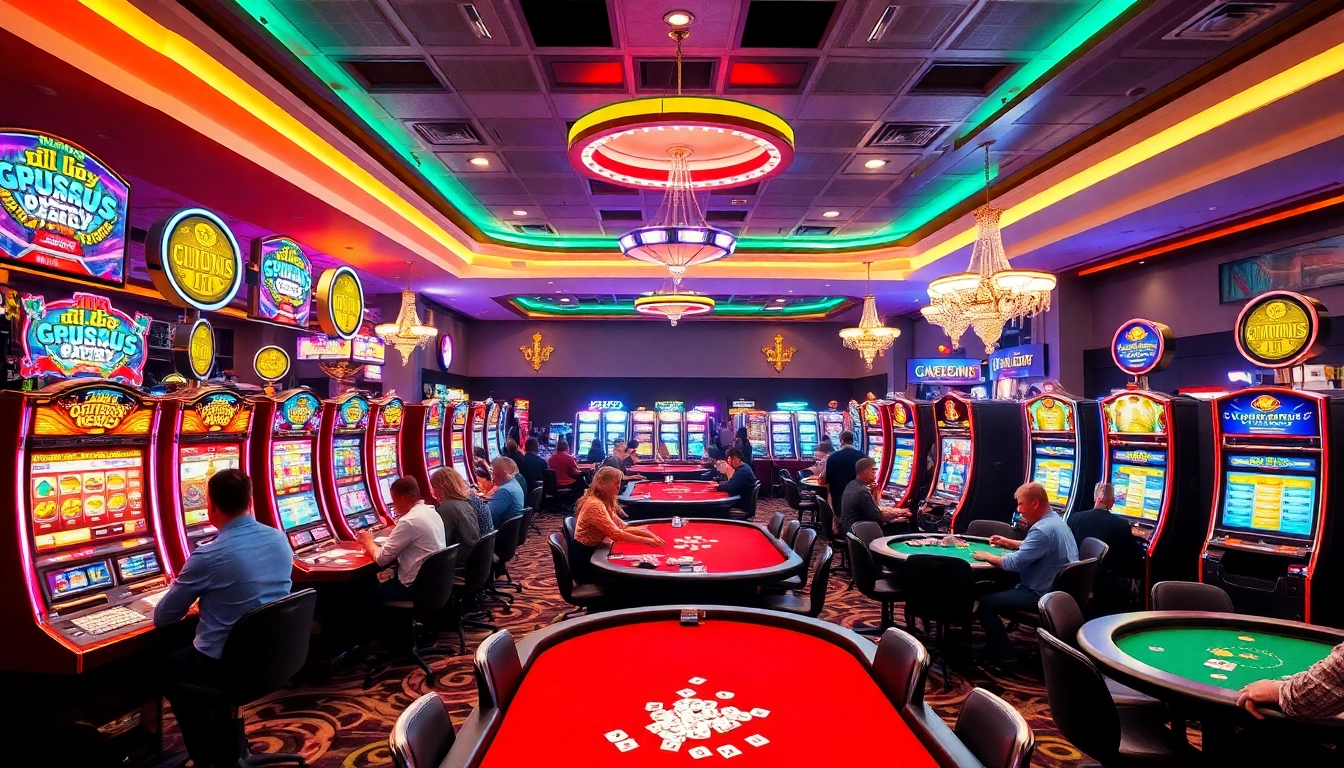 Menggambarkan pengalaman bermain di kasino bbni4d dengan mesin slot dan meja poker yang berwarna-warni.