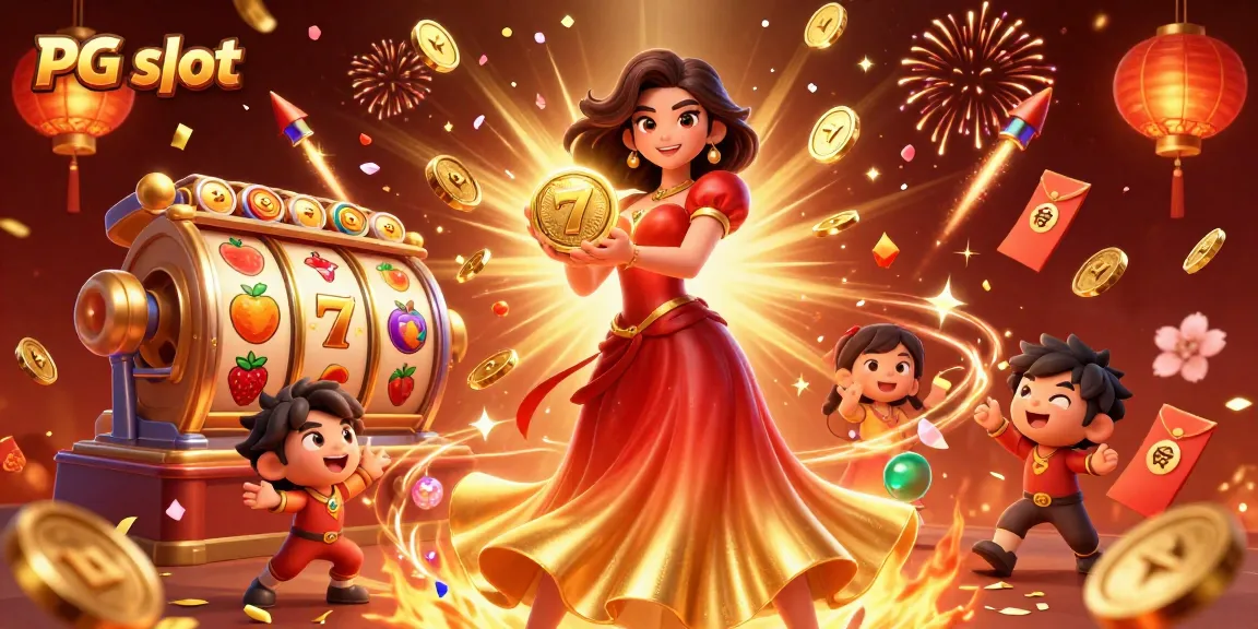 Experience winning excitement with PG slot in a dynamic 3D casino scene with vibrant characters.