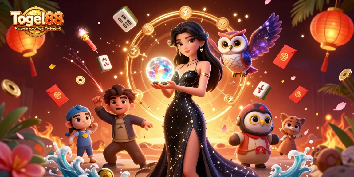 Togel88 Pasaran Toto Togel Terlengkap illustrates a vibrant casino scene with a mystical woman and dynamic game elements.