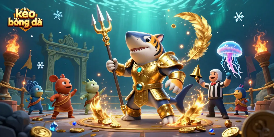 Bet on kèo bóng đá with exciting underwater casino battle scene featuring a fierce tiger shark.