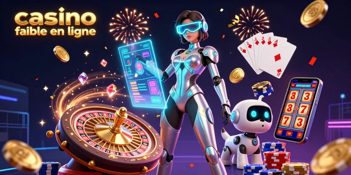 Vivez l'excitation des casinos fiables en ligne avec une femme séduisante et un chien robot dans une scène de jeu vibrante.