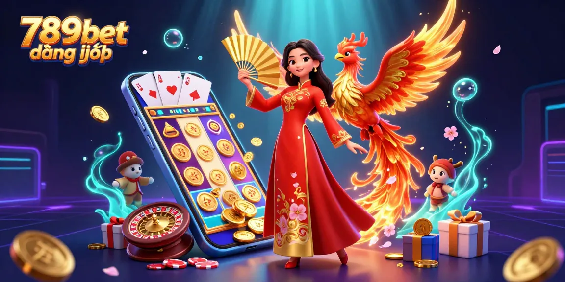 Engage with 789bet đăng nhập through a vibrant illustration of a woman in ao dai amidst a dynamic casino scene.