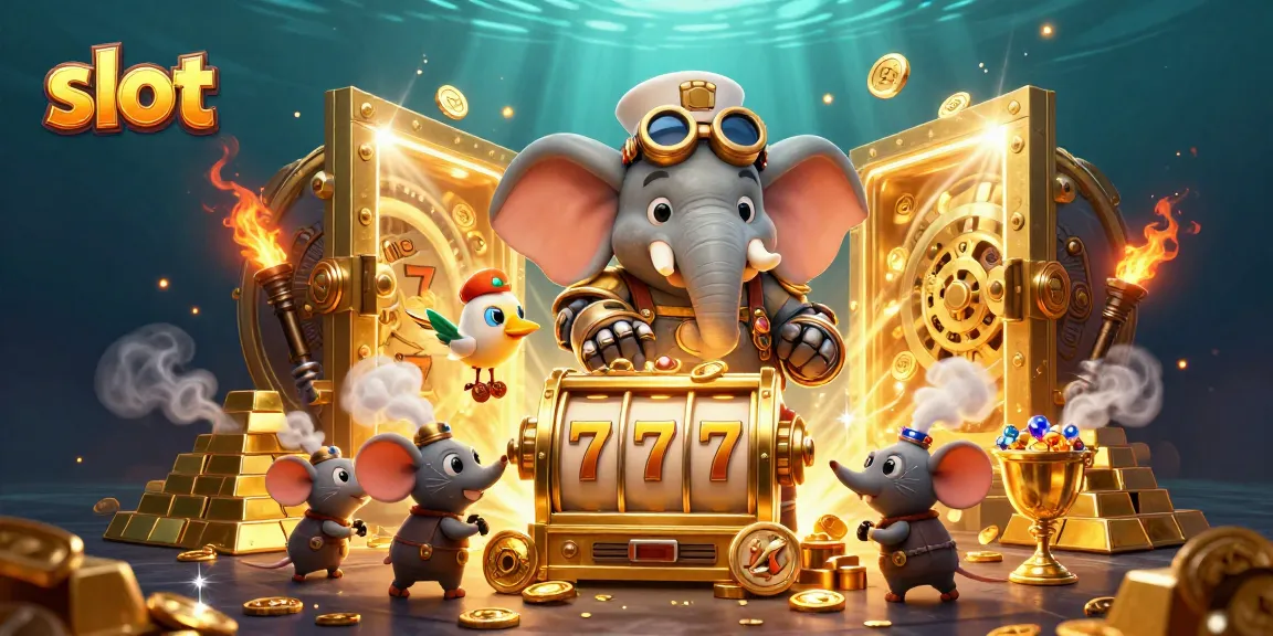 Spin the golden slot machine with vibrant symbols amidst treasures in 3D casino scene.
