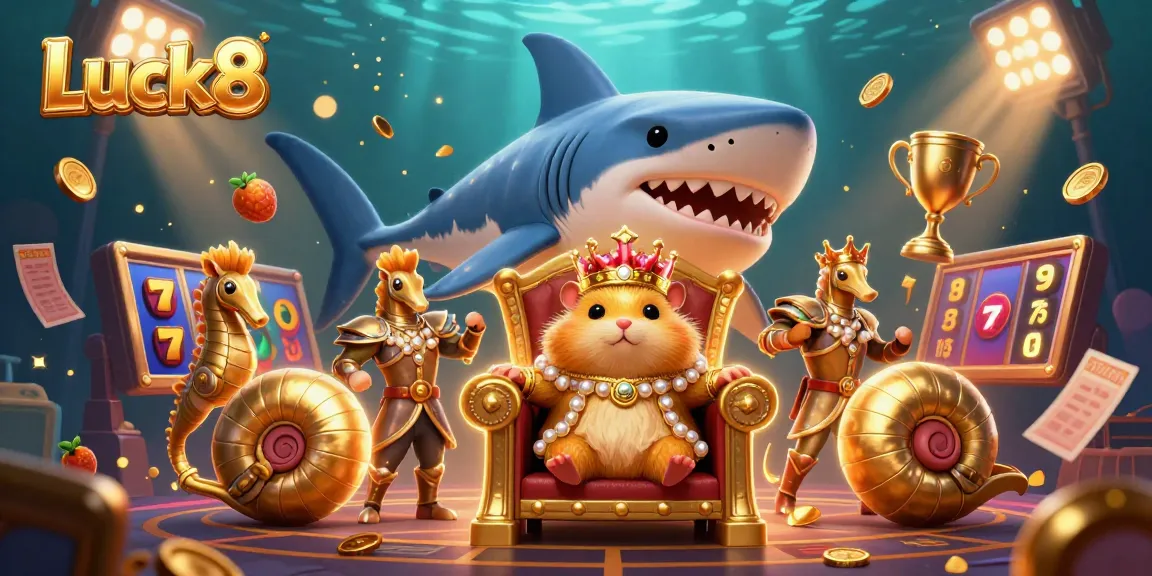 Luck8 thrills as a golden hamster king rules with excitement in a 3D casino scene.