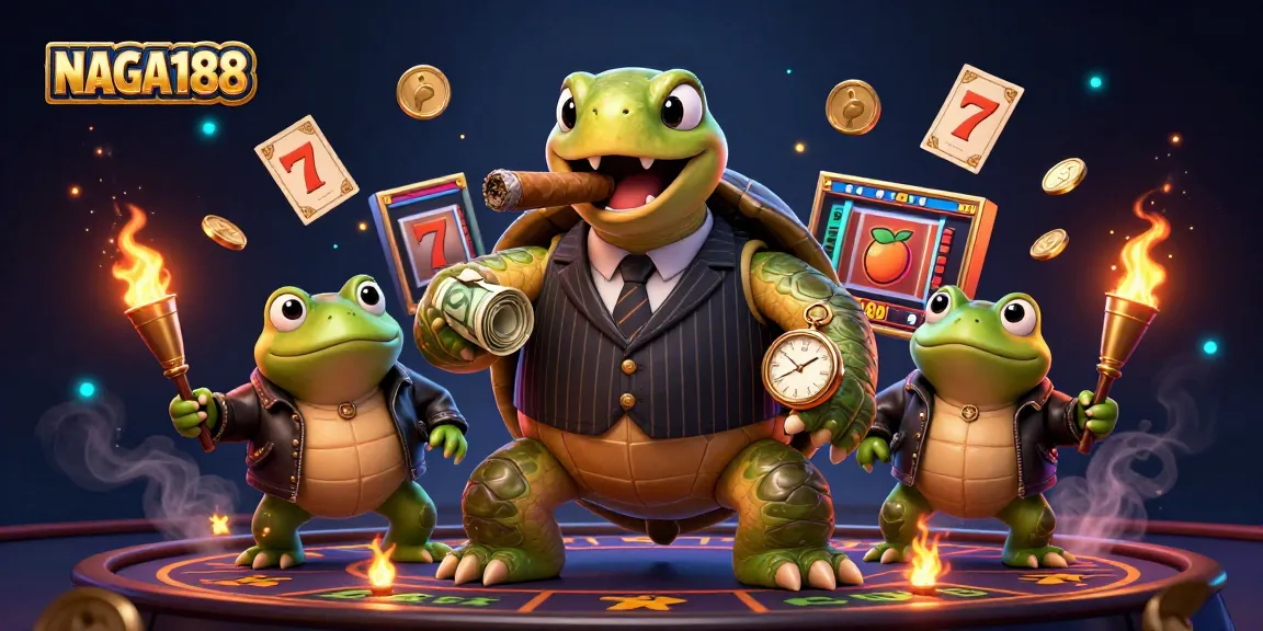 NAGA188 menampilkan ilustrasi kura-kura 3D dalam gaya kartun, diatur dalam suasana kasino yang hidup.