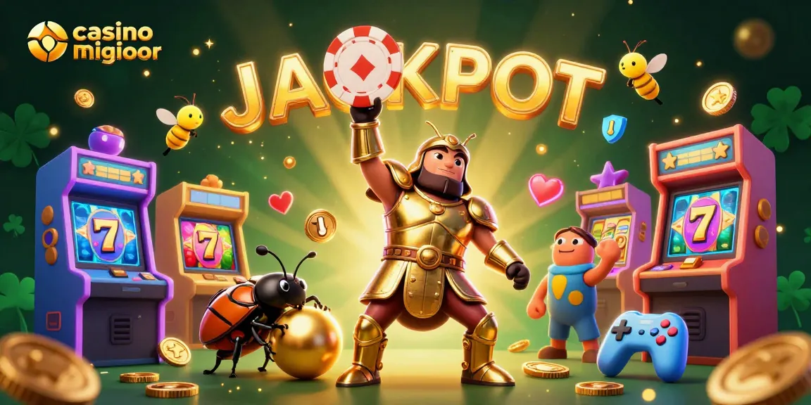 Immagine vivace di un casino online migliori che mostra un scarabeo gladiatore con un chip e una scena ricca di dettagli.