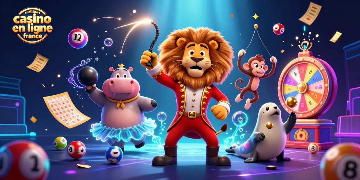 Illustration ludique mettant en avant le meilleur casino en ligne France avec des personnages de cirque colorés.