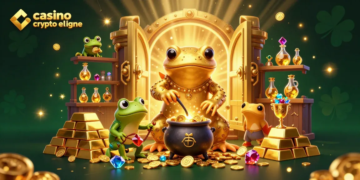 Découvrez le casino crypto en ligne à travers une illustration fascinante d'un alchimiste doré et apprenti, entourés de trésors.