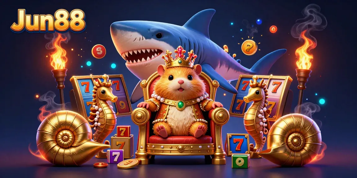 Experience the exciting world of Jun88 with our vibrant casino-themed illustration featuring a golden hamster king and thrilling gaming enveloped in colorful elements.