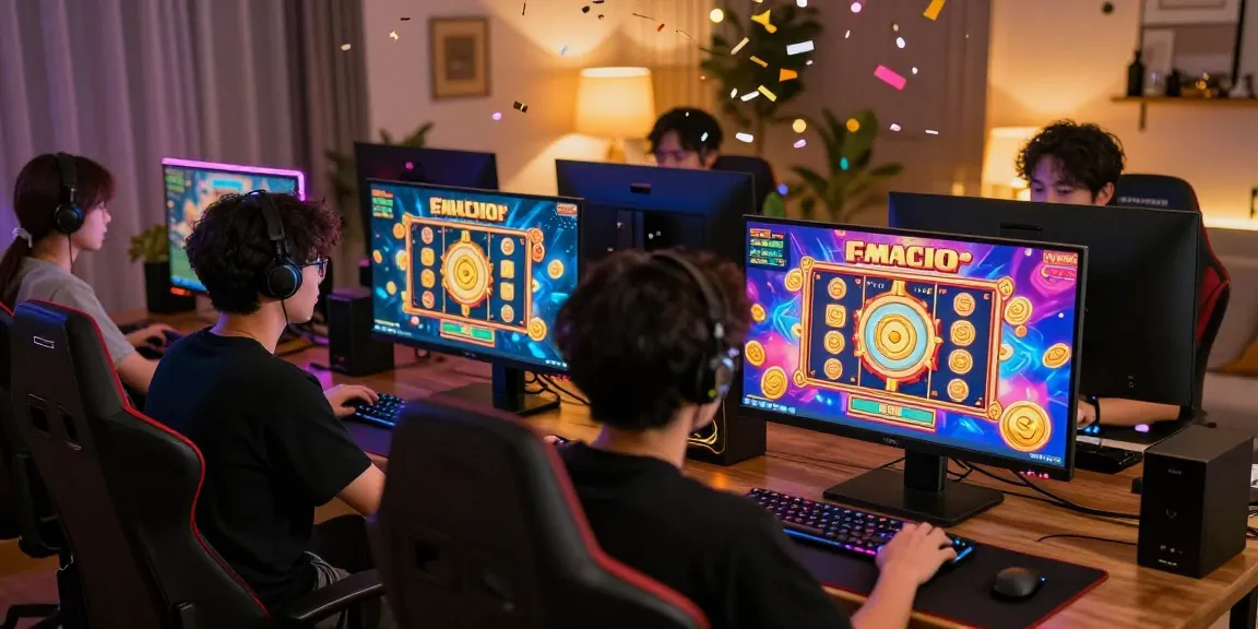Excited players enjoying slot gacor games in a vibrant online gaming setup, showcasing colorful graphics and celebratory ambiance