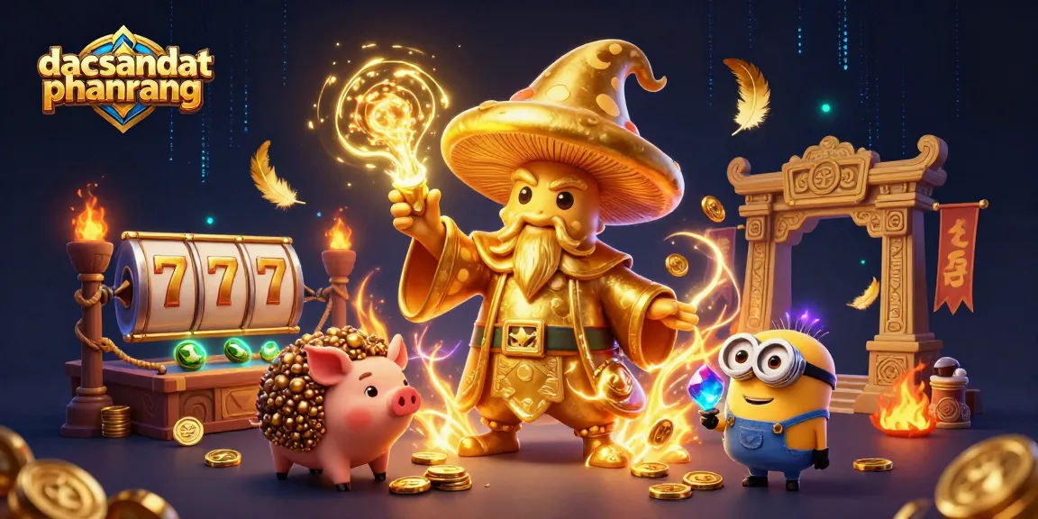 Spin to win at dacsandatphanrang with golden wizard and magical treasures in this vibrant casino scene.