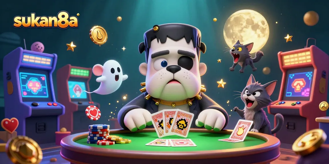 Sukan8a showcases a 3D monster dealer amidst vibrant casino elements, engaging players.