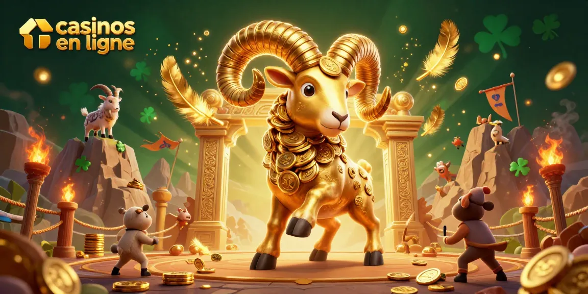 Explore les casinos en ligne avec un spectacle captivant de jeux et de richesses symbolisées par un bélier doré.