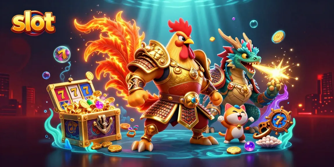 Spin and win on vibrant slot reels with a heroic rooster and dragon in a mystical casino scene.
