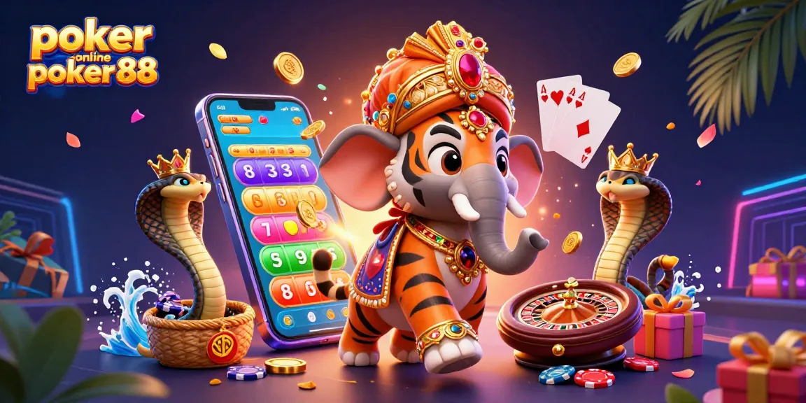 Engage with poker online poker88 in a vibrant 3D scene featuring a maharaja and gaming elements.