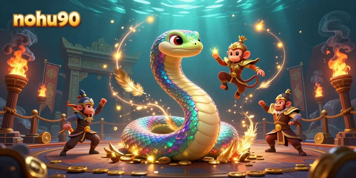 Nohu90's vibrant gaming scene showcases a mystical rainbow serpent and monkey king amidst captivating elements.