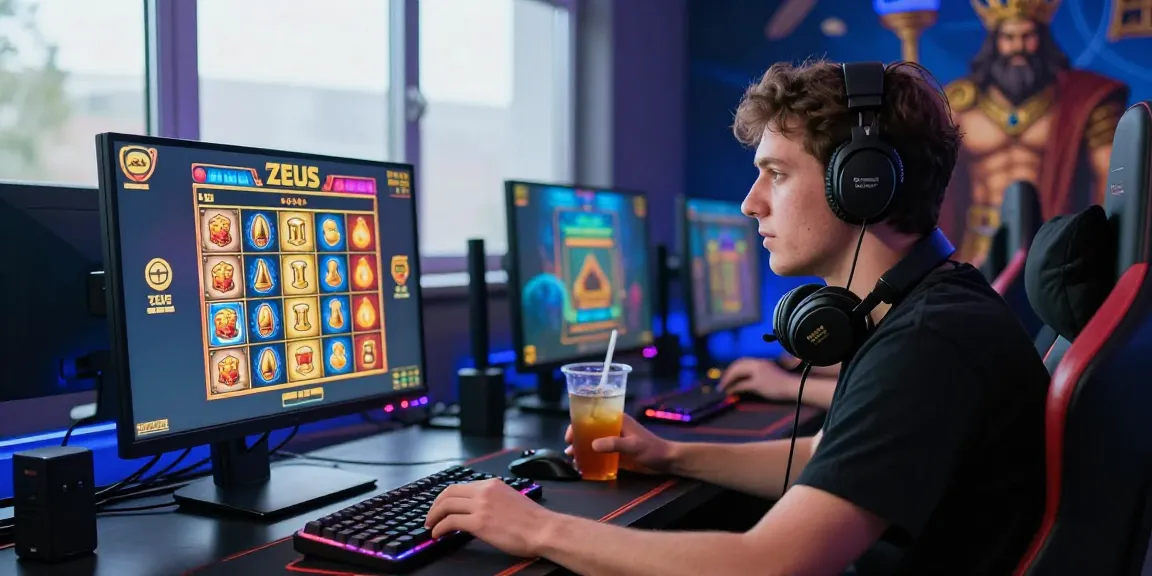 Engaged player enjoying zeus slot at an online casino with vibrant graphics and gaming setup.