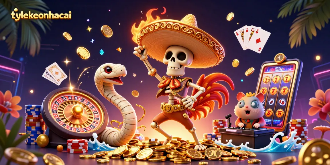 tylekeonhacai showcases vibrant 3D illustration of a victorious rooster on gold coins amid casino elements.