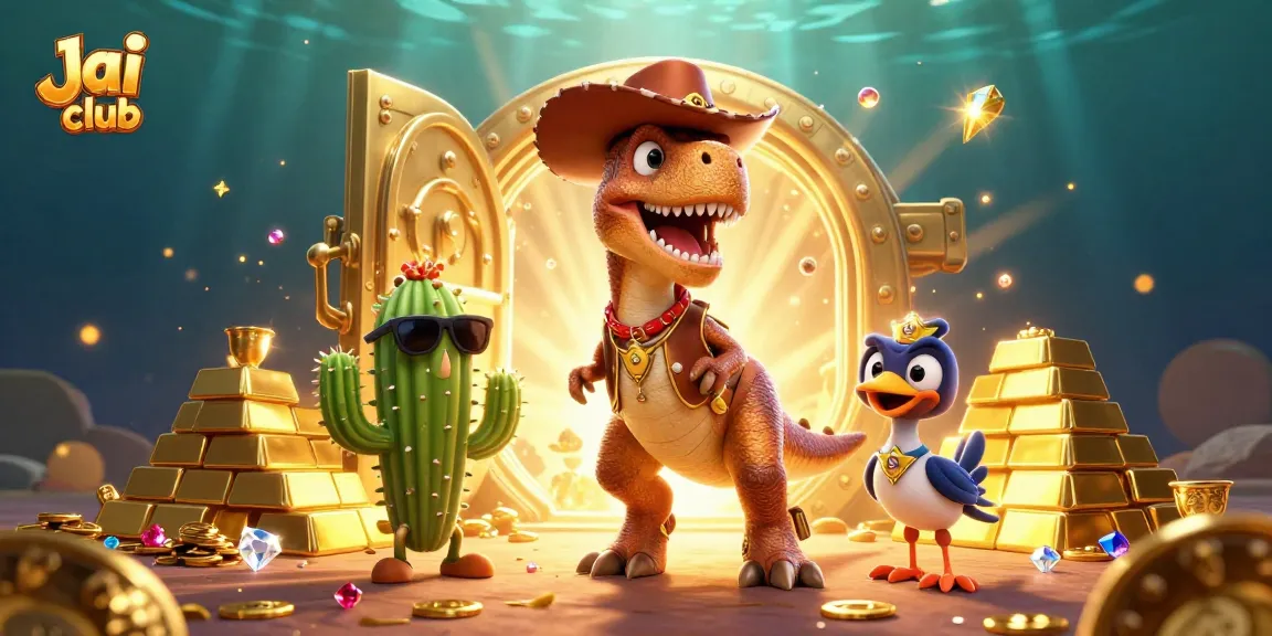 Experience the thrill at Jai club with a 3D cartoon scene of a cowboy dinosaur, cactus, and roadrunner, surrounded by casino treasures.