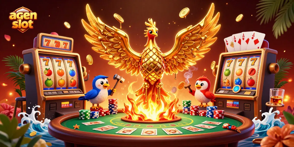 Rasakan kegembiraan agen slot dengan simbol jackpot dan koin emas yang mengalir dari phoenix emas.
