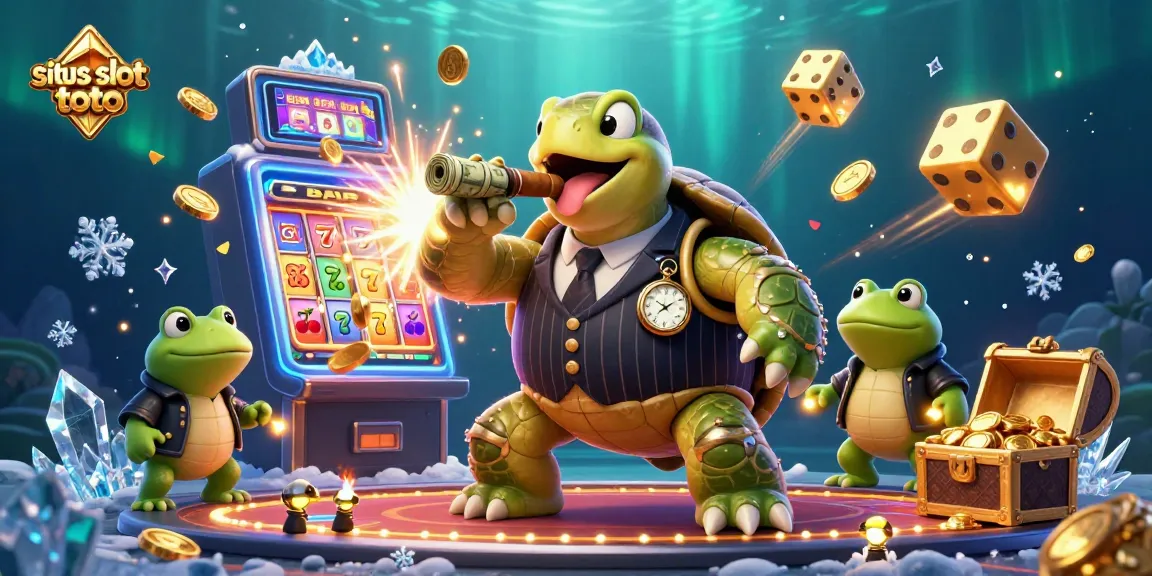 Situs slot toto's vibrant 3D depiction with a snapping turtle in a mobster suit surrounded by slot machine chaos.