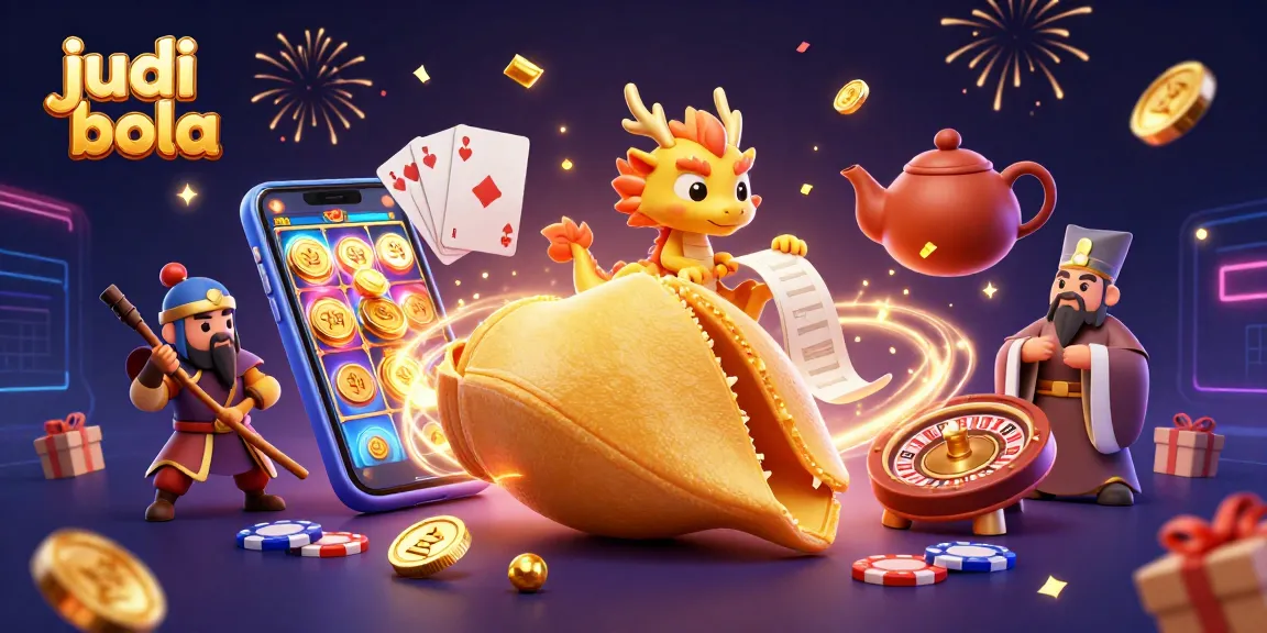Play judi bola with excitement in this lively 3D scene showcasing a golden fortune cookie and vibrant gaming elements.