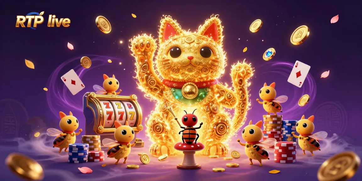 Engage in RTP live gaming with this vibrant illustration of a lucky cat symbolizing fortune among casino elements.